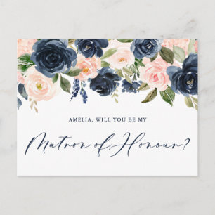 Blush Pink und Navy Floral Be My Matron of Honour Postkarte