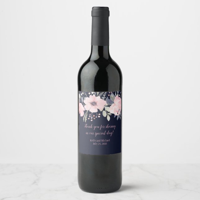 Blush Pink und Navy Floral Square Hochzeit | Weinetikett (Vorderseite)