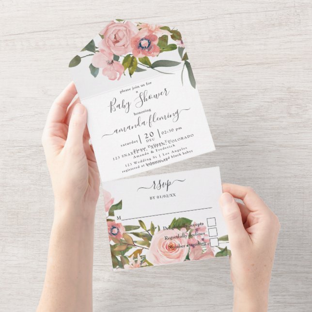 Blush Pink und Rose Gold Blumendusche All In One Einladung (Abreißen)