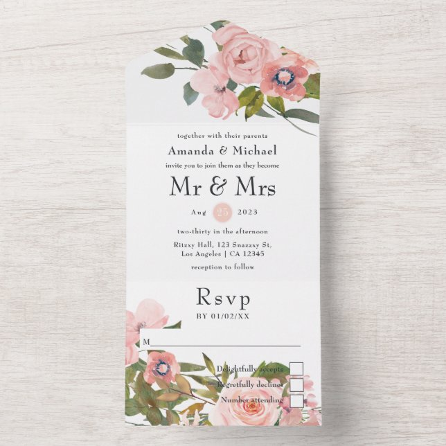 Blush Pink und Rose Gold Blumenzehen All In One Einladung (Innen Boden)
