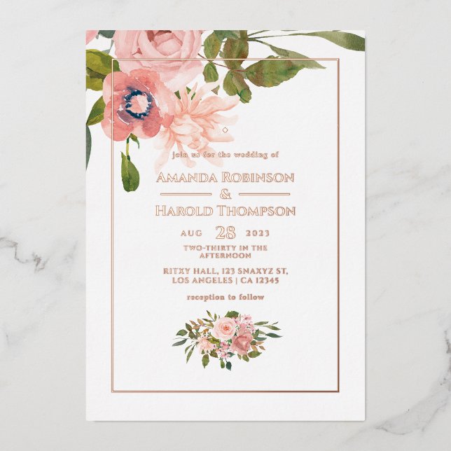 Blush Pink und Rose Gold Blumenzehen Folieneinladung (Vorderseite)