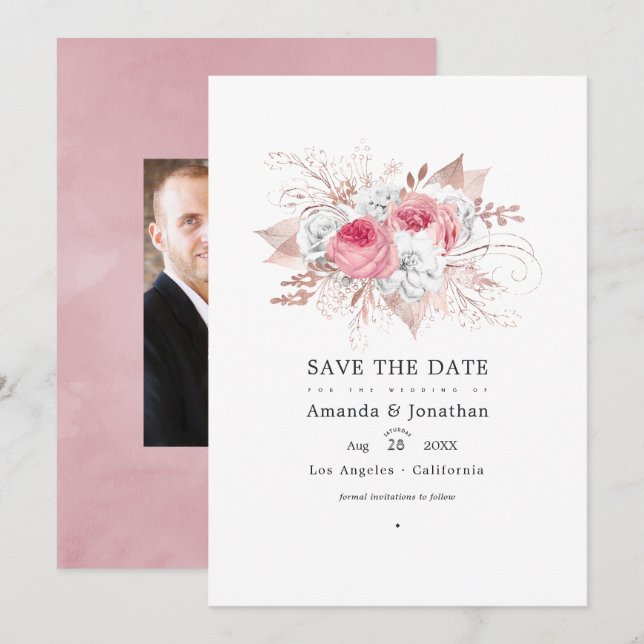 Blush Pink und Rose Gold Blumenzehen Save The Date (Vorne/Hinten)