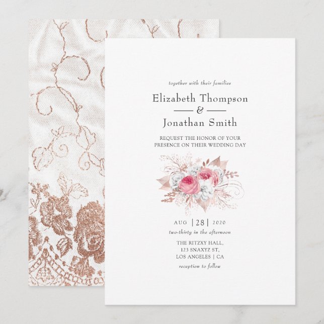 Blush Pink und Rose Gold Floral and Lace Wedding Einladung (Vorne/Hinten)