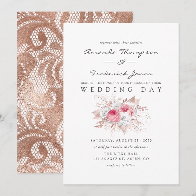 Blush Pink und Rose Gold Floral and Lace Wedding Einladung (Vorne/Hinten)