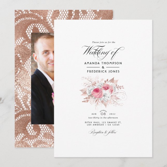 Blush Pink und Rose Gold Floral and Lace Wedding I Einladung (Vorne/Hinten)