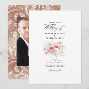 Blush Pink und Rose Gold Floral and Lace Wedding I Einladung