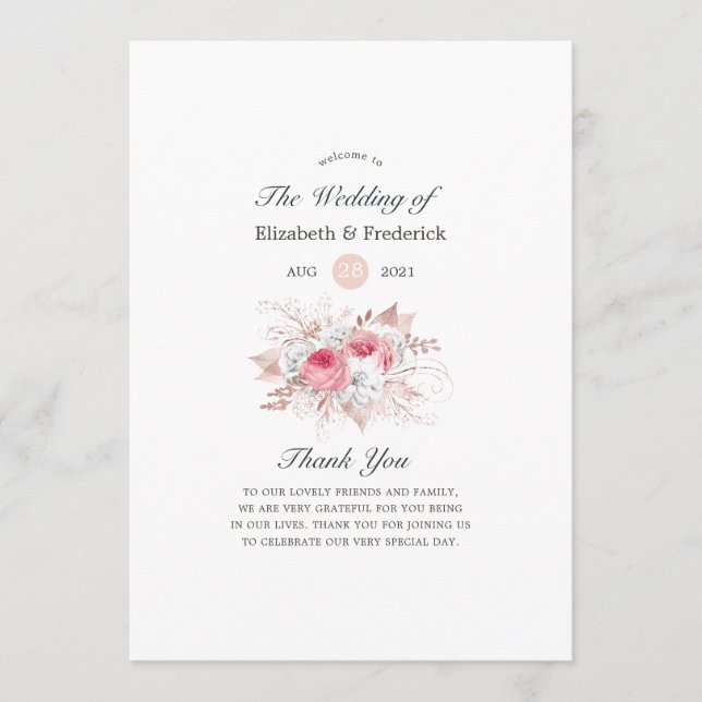 Blush Pink und Rose Gold Floral and Lace Wedding Programm (Vorderseite)
