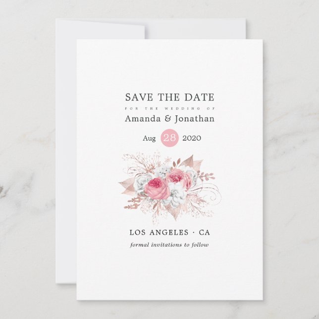 Blush Pink und Rose Gold Floral and Lace Wedding Save The Date (Vorderseite)
