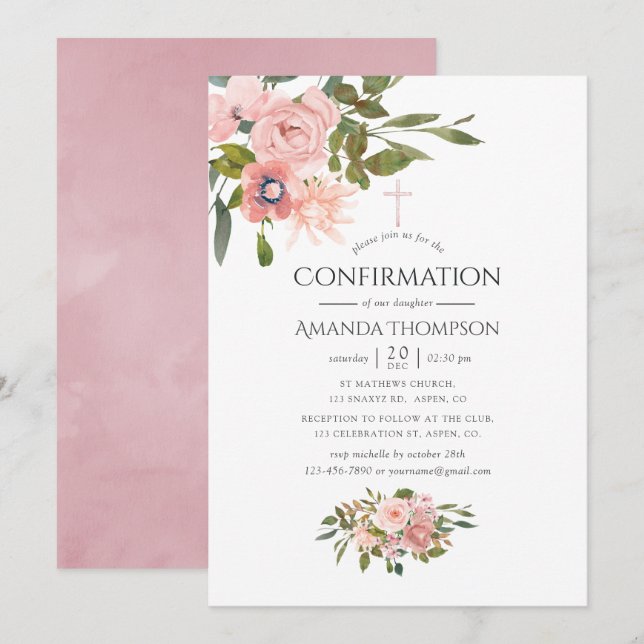 Blush Pink und Rose Gold Floral Bestätigung Einladung (Vorne/Hinten)
