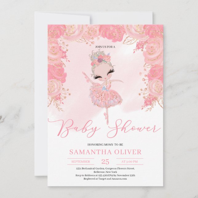 Blush pink und Rose gold florale Tutu Kinderdusche Einladung (Vorderseite)