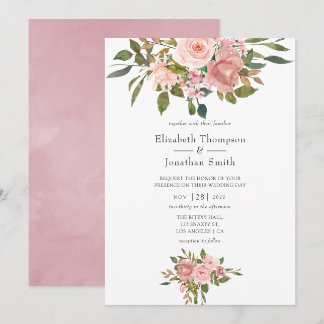 Blush Pink und Rose Gold Hochzeit Einladung (Vorne/Hinten)