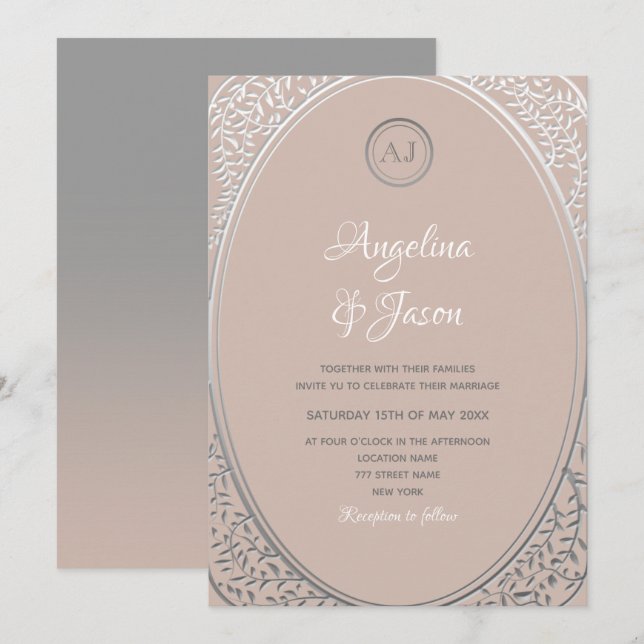 Blush Pink und Silver Monogram Wedite Einladung (Vorne/Hinten)