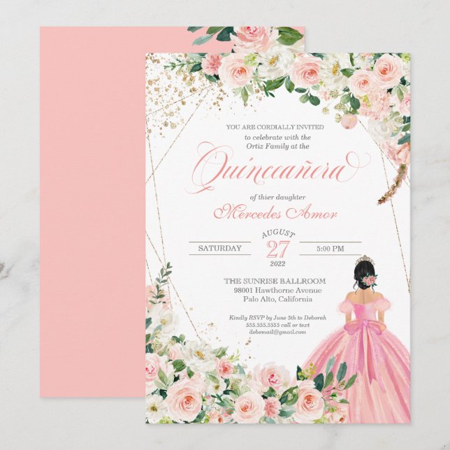 Blush Pink und Weiß Schöne, blumenreiche Quinceane Einladung (Vorne/Hinten)