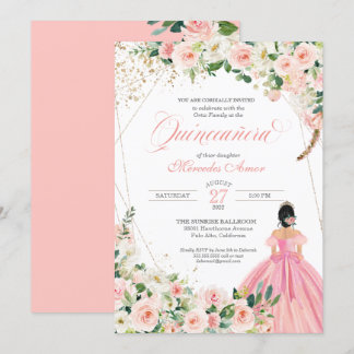 Blush Pink und Weiß Schöne, blumenreiche Quinceane Einladung