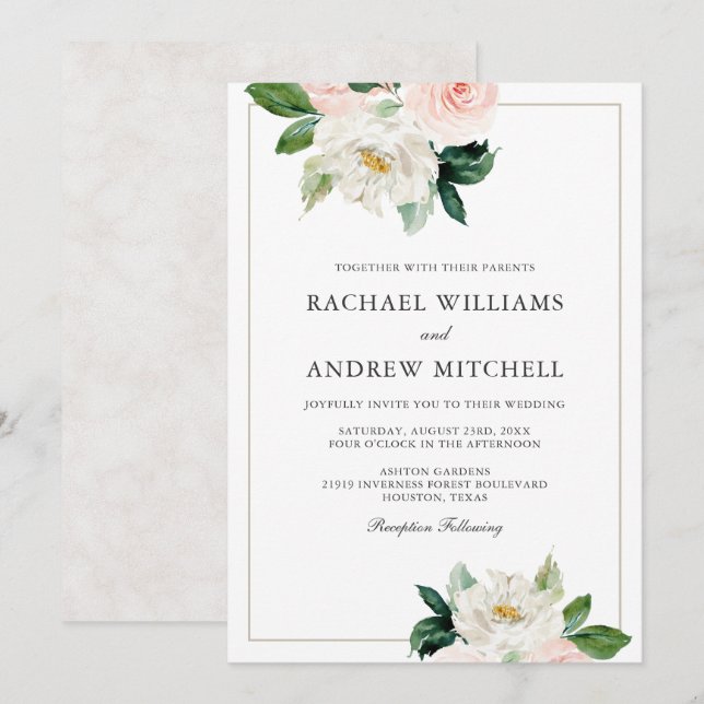 Blush Pink und White Elegante Blumenhochzeit Einladung (Vorne/Hinten)