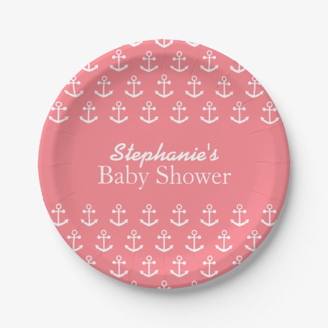 Blush Pink und White Nautical Anchor Kinderdusche Pappteller (Vorderseite)
