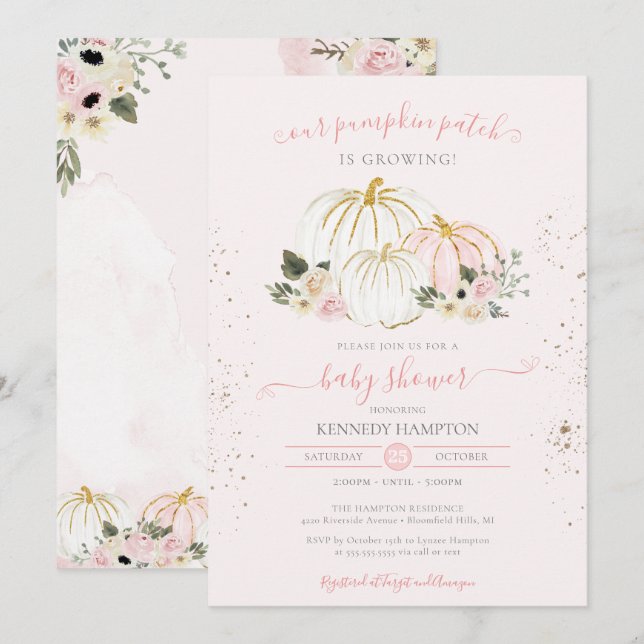 Blush Pink und White Pumpkin Herbst Babydusche in Einladung (Vorne/Hinten)