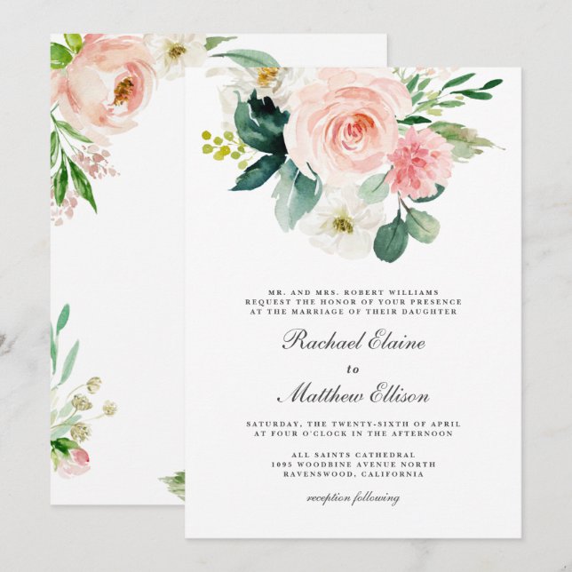 Blush Pink und White Watercolor Blumenzehen Einladung (Vorne/Hinten)