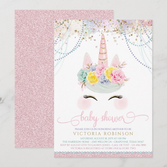 Blush Pink Unicorn Girl Babydusche Einladung (Vorne/Hinten)