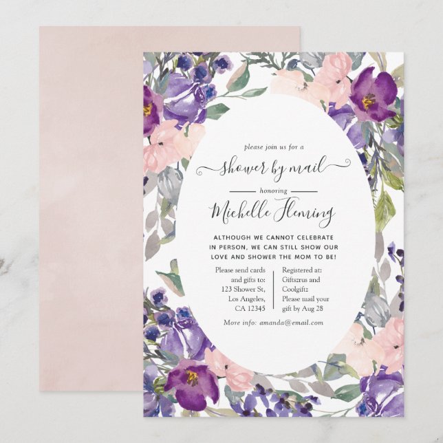 Blush Pink, Violet und Plum Baby Dusche per Mail Einladung (Vorne/Hinten)