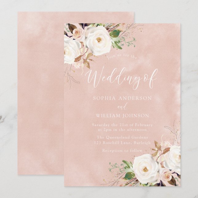 Blush Pink Wasserfarbe Blume Hochzeit Einladung (Vorne/Hinten)
