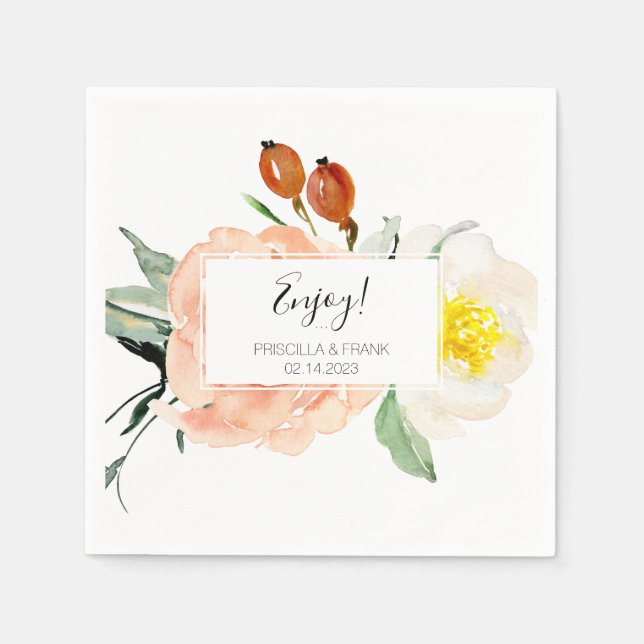 Blush Pink Wasserfarbe Blume Hochzeit Serviette (Vorderseite)