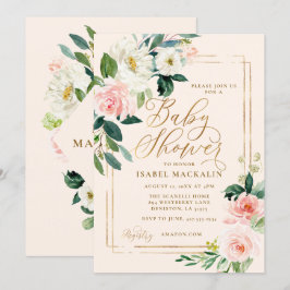 Blush Pink Wasserfarbe Blumengrün Babydusche Einladung