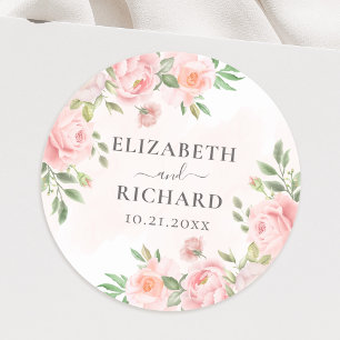 Blush Pink Wasserfarbe Blumengrün Hochzeit Runder Aufkleber