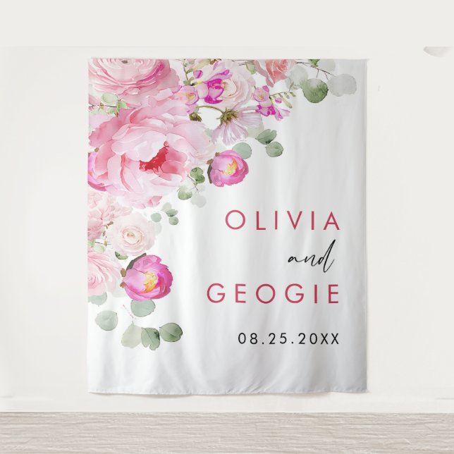 Blush Pink Wasserfarbe Blumenzellenhochzeit Wandteppich (Vorderseite)