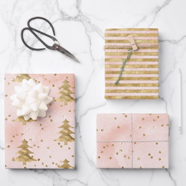 Blush Pink Wasserfarbe Gold Weihnachtsbaum   Geschenkpapier Set (Vorderseite)