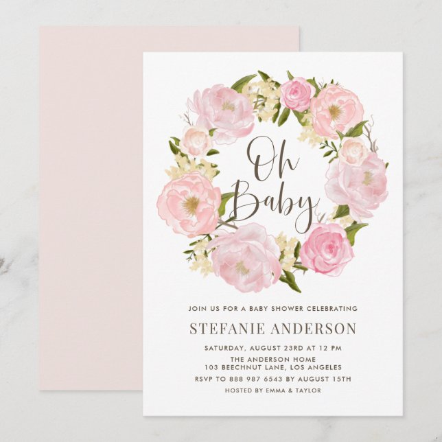Blush Pink Wasserfarbe Peony Wreath Baby Dusche Einladung (Vorne/Hinten)