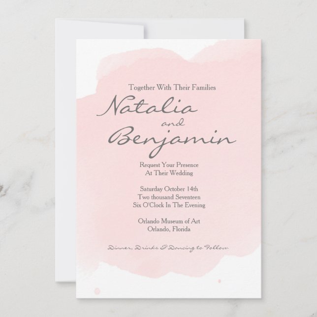 Blush Pink Wasserfarbe Romantische Hochzeitseinlad Einladung (Vorderseite)