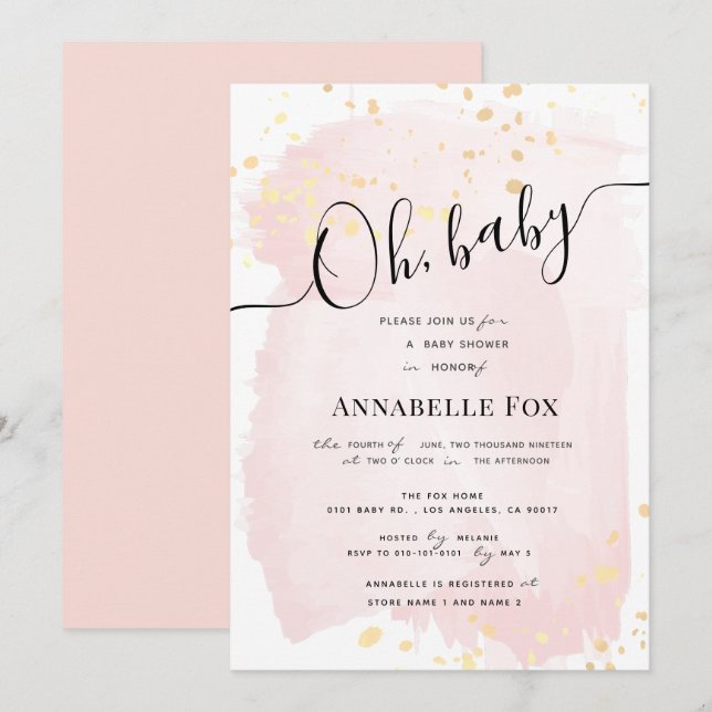 Blush Pink Wasserfarbe x Gold Spritzer Kinderdusch Einladung (Vorne/Hinten)