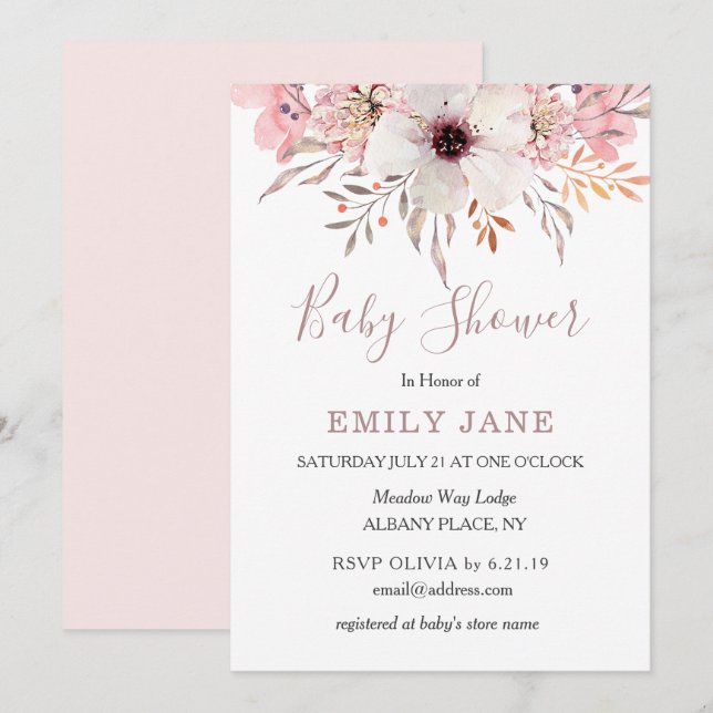 Blush Pink Wasserfarben Bloral Baby Dusche Invite Einladung (Vorne/Hinten)