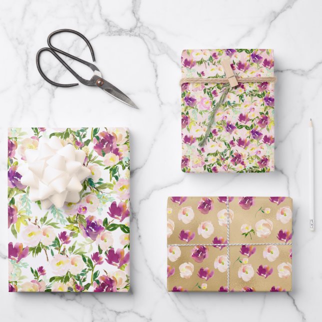 Blush Pink Wasserfarben Floral Gold Glam Geschenkpapier Set (Vorderseite)