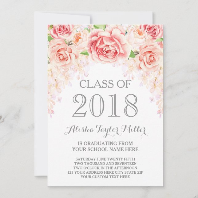 Blush Pink Wasserfarben Foto Floral 2018 Grad Einladung (Vorderseite)