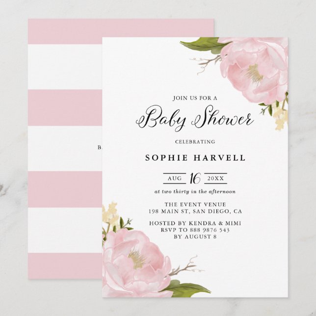 Blush Pink Wasserfarbenpeonies Hübsch Babydusche Einladung (Vorne/Hinten)