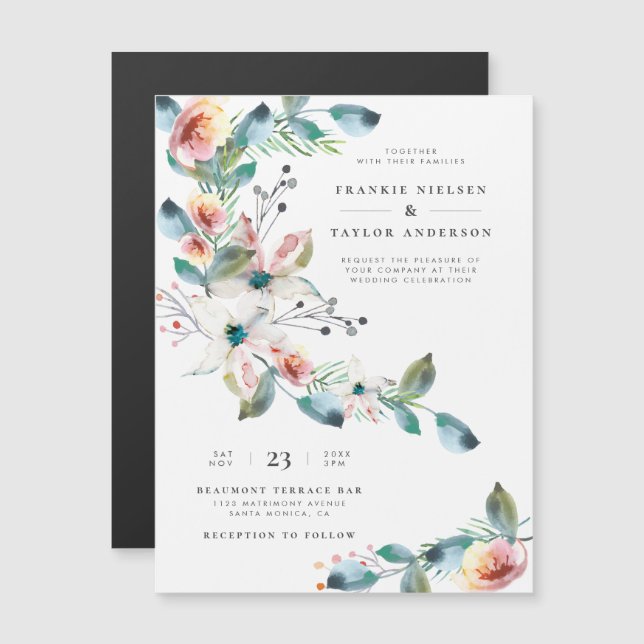 Blush Pink Watercolor Blume Moderne Hochzeiten Magneteinladung (Vorne/Hinten)