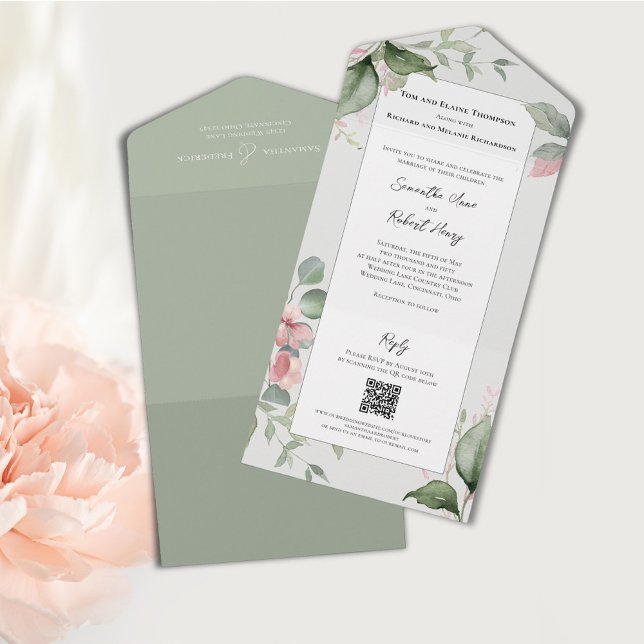 Blush Pink Watercolor Blumenzehen All In One Einladung (Elegant pink floral all in one wedding invitations. )