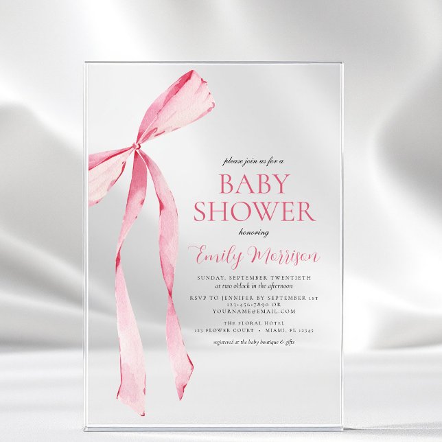 Blush Pink Watercolor Bow Girl Babydusche Acryleinladungen (Von Creator hochgeladen)