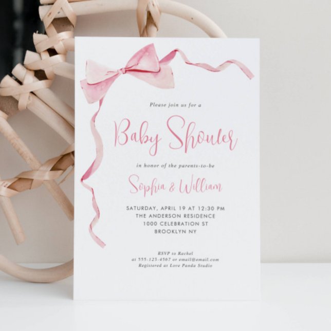 Blush Pink Watercolor Bow Ribbon Girl Babydusche Einladung (Von Creator hochgeladen)