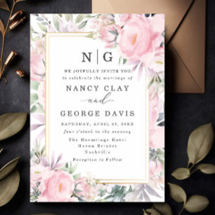 Blush Pink Watercolor Floral Monogram Wedding Einladung