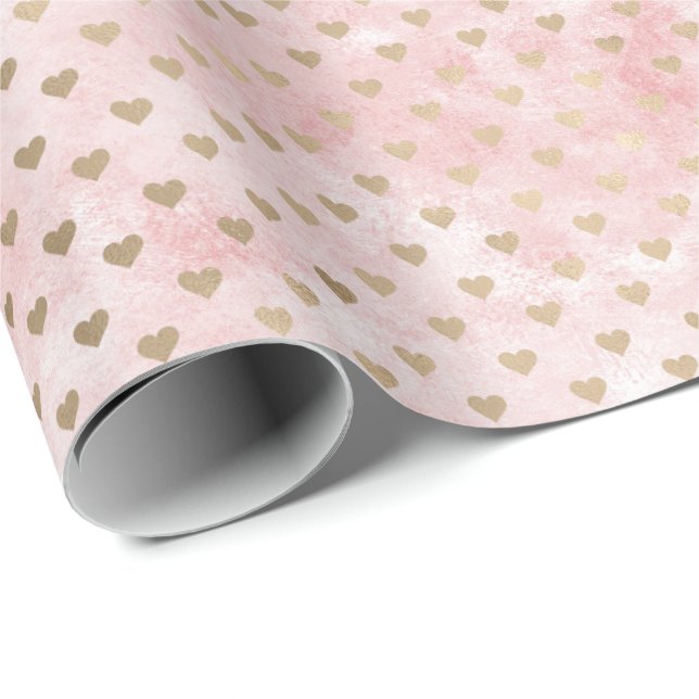 Blush Pink Watercolor Gold Hearts Geschenkpapier (Rolleneckpunkt)