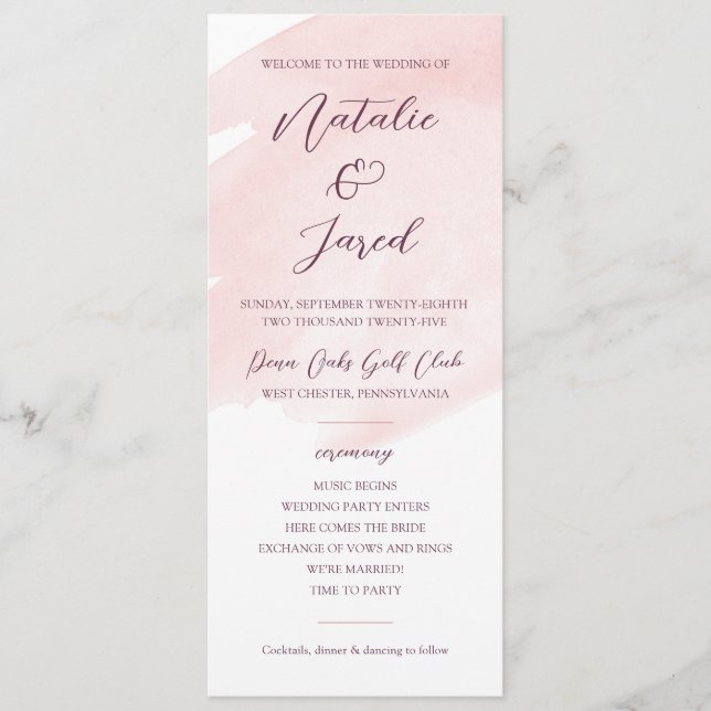 Blush Pink Watercolor Hochzeit Programm (Vorderseite)