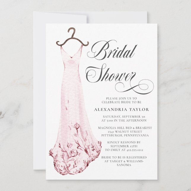 Blush Pink Watercolor Hochzeitskleid Brautparty Einladung (Vorderseite)