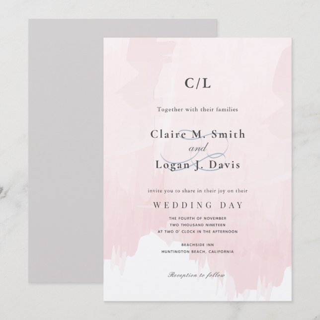 Blush Pink Watercolor Monogram Wedding Einladung (Vorne/Hinten)