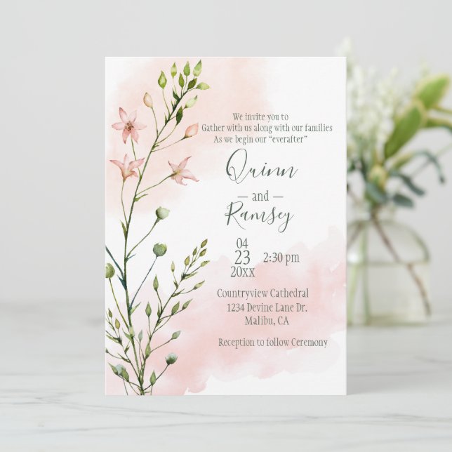 Blush Pink Watercolor Script Einladung zur Hochzei (Stehend Vorderseite)