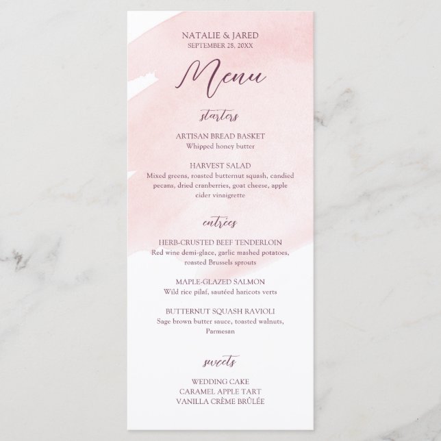 Blush Pink Watercolor Wedding Menu Menükarte (Vorderseite)