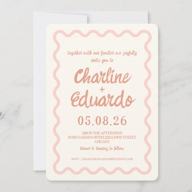 Blush Pink Wavy Border Wedding Einladung (Vorderseite)