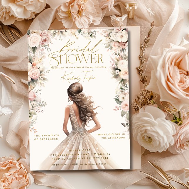 Blush Pink Wedgown Dress Floral Brautparty Einladung (Blush Pink Wedding Gown Dress Floral Bridal Shower Invitation)